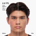 Illustrative comparison showing the appearance of skin before and after applying Original The Ordinary Serum Foundation 2.0YG.