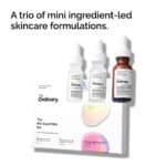 The Ordinary Mini Essentials Set featuring three travel-size serums designed to support hydration, oil balance, brighter-looking skin and the skin barrier.